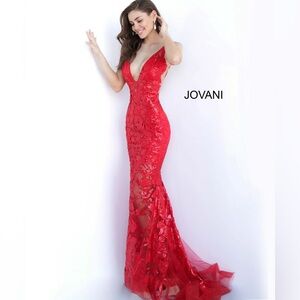 Jovani Red Plunging Neckline Prom Dress